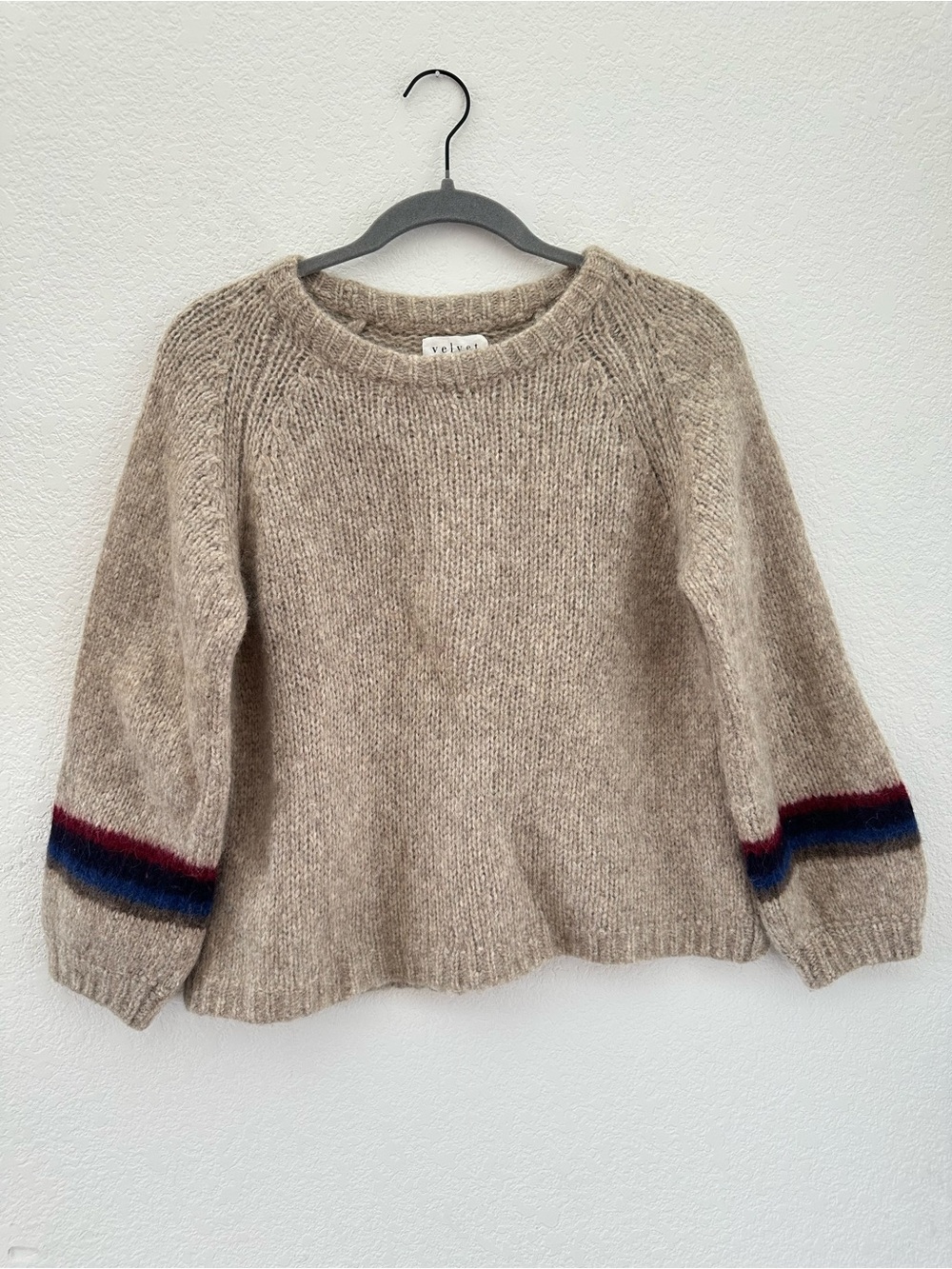 Velvet Graham & Spencer Alpaca Blend Striped Sleeve Knit Sweater M Beige Peru
